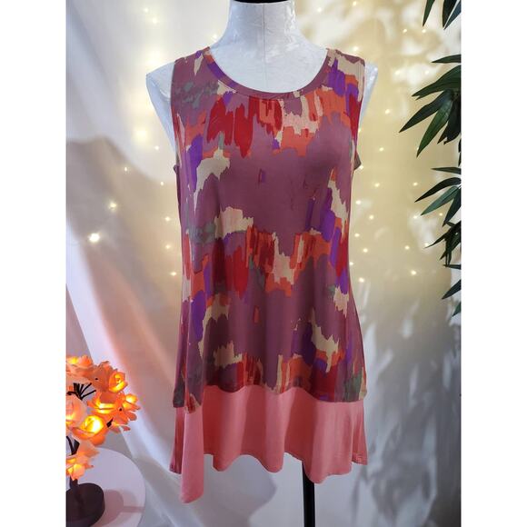 LOGO Layers by Lori Goldstein Women's S Printed Tank w/ Solid Flounce at Hemline - Picture 1 of 11